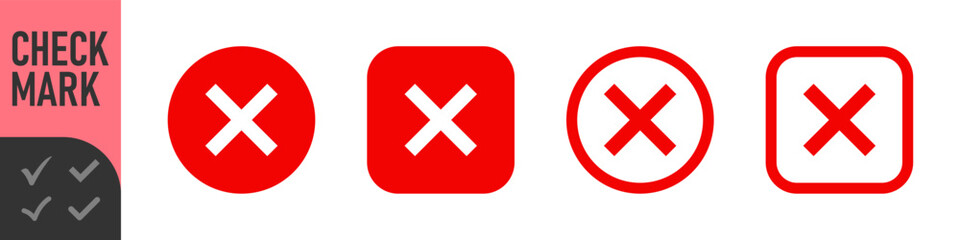 Green, black check mark and red, black cross icon set, circle and square. Tick symbol in green, black color. Hand drawn checkmark illustration 