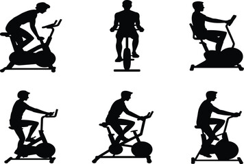 Exercise bike silhouette, cycling posture, black graphic, vector illustration, fitness gesture, cardio stance, spin icon, training motion, workout figureExercise bike silhouette, cycling posture,