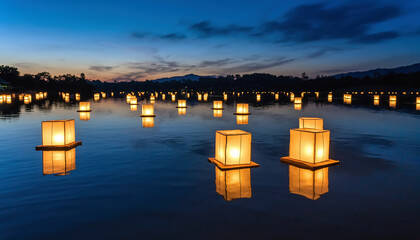 Floating lanterns illuminate a calm lake at dusk.