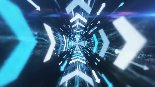 Forward thinking exploration concepts and innovative ideas are perfectly represented through this visually striking 4K UHD image, featuring a blue and white arrow navigating through a dark room.