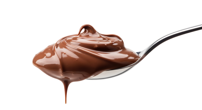 Silky liquid chocolate on a spoon with clipping path, clean overlay for food blogs, cooking websites, and delicious promotional content. | melted chocolate on transparent background