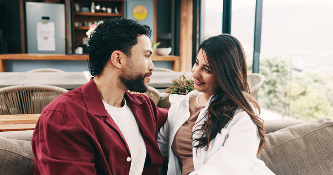 Home, relax and happy couple on couch, love and bonding together with relationship. Apartment, man and woman on sofa, marriage and care with trust, romance and discussion with break and support - Powered by Adobe