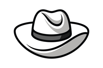 Isolated white cowboy hat with broad brim and dark band is presented in simple line style
