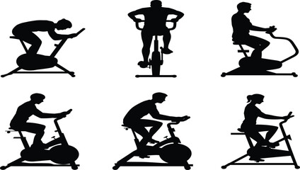 Exercise bike silhouette, cycling posture, black graphic, vector illustration, fitness gesture, workout stance, spin icon, cardio figure, training motionExercise bike silhouette, cycling posture