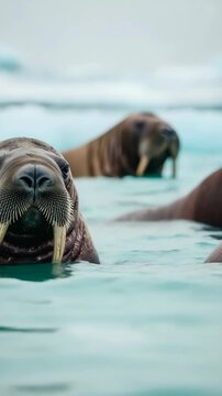 Walrus Swimming in Arctic Waters with Icebergs