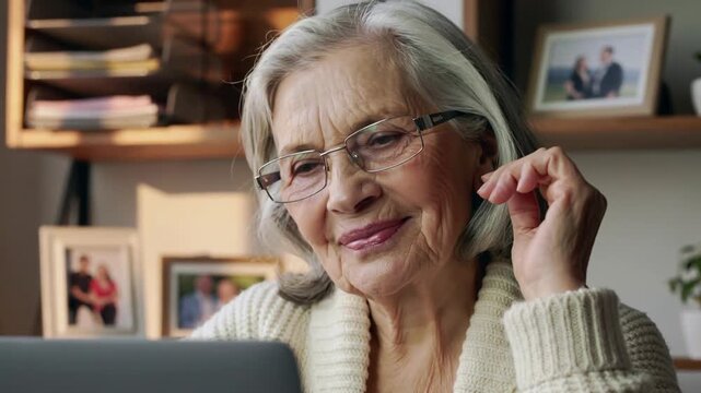 Smiling senior woman enjoys connecting with family online in cozy home setting