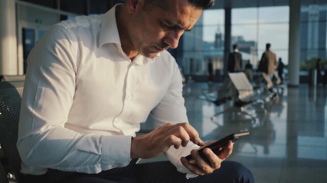 Man waiting in airport lounge checks messages on his smartphone during evening travel