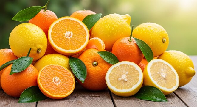 Fresh citrus fruits oranges lemons and tangerines displayed outdoors