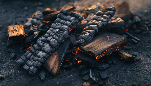 Glowing embers and charred wood pieces on dark ground. - Powered by Adobe