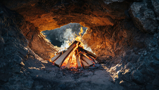 Campfire burning inside a rocky cave opening at dusk. - Powered by Adobe