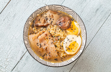 Bowl of ramen with pork belly, soft egg, and shiitake mushrooms