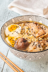 Bowl of ramen with pork belly, soft egg, and shiitake mushrooms