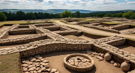 Explore ancient history at archaeological site, revealing stone foundations and artifacts against a backdrop of rolling hills and a bright sky.