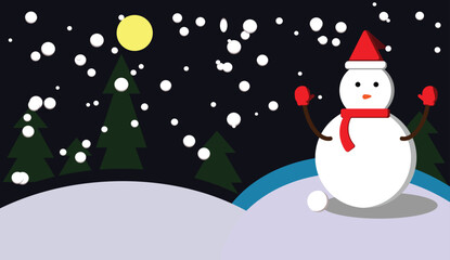 Snowman under the Winter Sky: A whimsical snowman stands in a serene winter landscape, snowflakes gently falling under the soft glow of the moon. This scene evokes the enchantment of the season