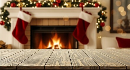 Cozy christmas fireplace with stockings, decorations, and empty wooden table