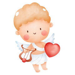 Cute pastel valentine illustration of little cupid holding red heart and lyre in soft romantic style
