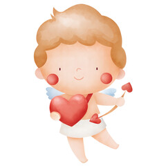 Cute valentine illustration of sweet baby cupid holding big red heart and arrow in soft pastel romantic style