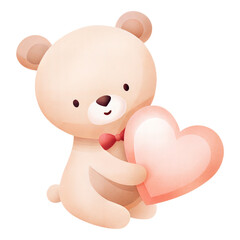 Cute valentine illustration of adorable teddy bear holding a pink heart in soft pastel romantic style