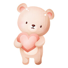 Cute valentine illustration of standing teddy bear holding a pink heart in soft pastel romantic style
