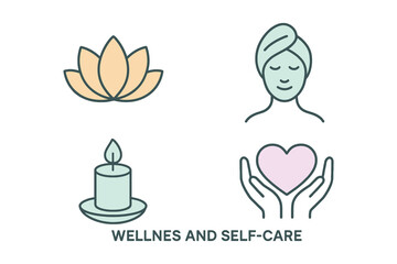 Wellness and self care icons featuring lotus flower candle woman and heart