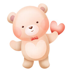 Cute valentine illustration of a smiling teddy bear holding a pink heart in soft pastel romantic style