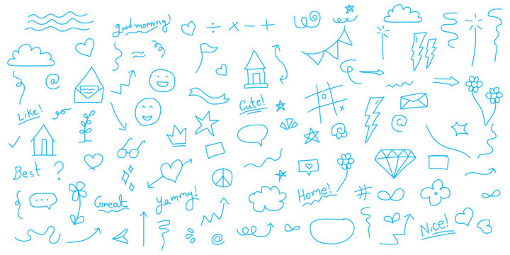 Naklejki Icon cute background line flower element hand heart pattern star drawn. Background icon cute cloud vector sticker crayon cartoon child children arrow sketch summer school shape chalk text set graphic.