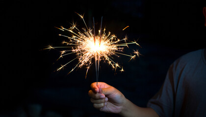 Hand holding a lit sparkler against a dark background.