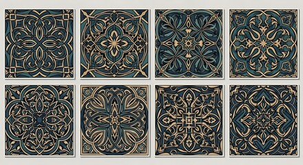 Set of 8 Ornate Vintage Teal and Gold Decorative Tile Patterns with Intricate Floral and Geometric Motifs
