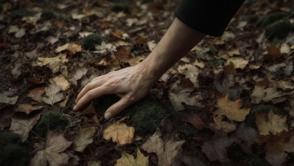 Human hand gently touching the rich soil and fallen autumn leaves on the forest floor.
