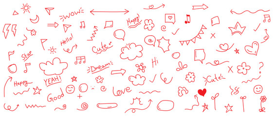 Line marker hand drawn brush arrow element set. Sketch pencil stroke vector graphic pen underline scribble icon. Hand drawn line heart, crown, star symbol highlight marker shape. Vector illustration