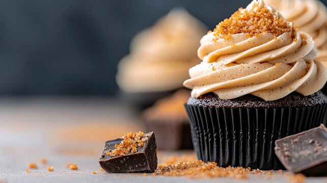 A decadent chocolate cupcake with swirled caramel frosting and a sprinkle of crunchy crumble topping, presented with pieces of dark chocolate and scattered suga