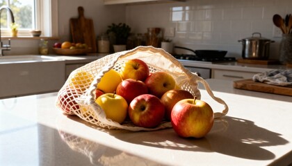 Open paper bag with apples inside in sunlit kitchen, fresh welcoming mood, lifestyle photography