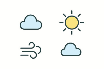 Set of four simple weather icons including sun clouds and wind