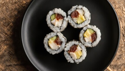 Delicious uramaki sushi rolls with fish and avocado on a black plate.