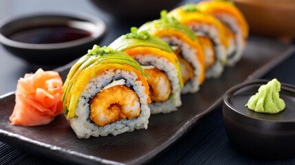 Colorful sushi rolls garnished with avocado, shrimp, wasabi, and pickled ginger served on a black plate with soy sauce in the background