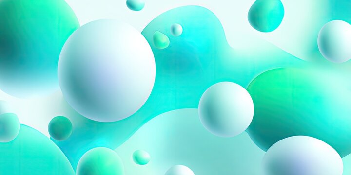 Abstract art with floating spheres and fluid shapes in shades of blue and green