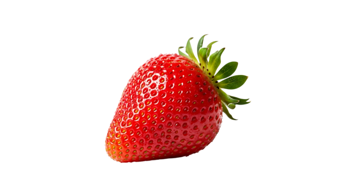 Vibrant red strawberry with green stems isolated on white. Ideal for menu design, nutrition labels, and commercial food marketing with a clipping path | transparent background
