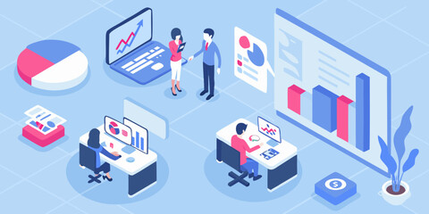 Fototapeta premium Isometric business team analyzing data and charts in modern office space