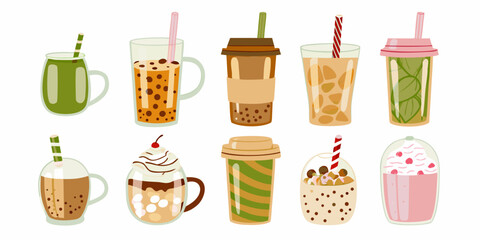 Collection of various flavored bubble tea drinks with straws and toppings