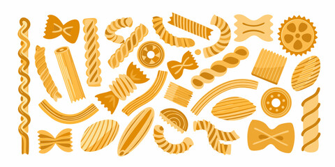 Assorted pasta types illustration italian food collection isolated on white background