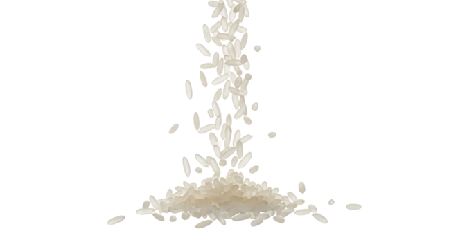 Falling raw rice grains isolated on a transparent PNG background. Dynamic food ingredient motion blur effect, perfect for cooking or Asian cuisine themes