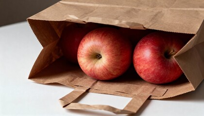 Open paper bag with apples inside on table in soft light, detailed still mood, photorealistic style