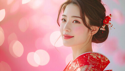 赤と金の振袖を纏った日本人女性の華やかなポートレート
– Elegant Portrait of a Japanese Woman in Red and Gold Furisode Kimono