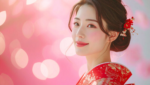 赤と金の振袖を纏った日本人女性の華やかなポートレート
&ndash; Elegant Portrait of a Japanese Woman in Red and Gold Furisode Kimono