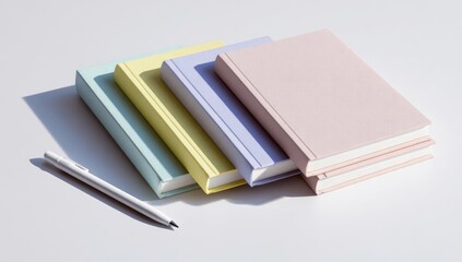 Pastel-colored notebooks arranged in a row, a pen nearby