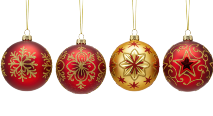 close-up of five luxurious glass christmas baubles (scarlet red and brilliant gold) with intricate filigree, suspended on thread against a transparent backdrop. concept for luxury holiday advertising