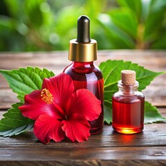 Red hibiscus flower and essential oil bottles on a rustic wooden table