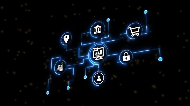 A vibrant cyan neon artwork showcases interconnected business elements like location, partnership, shopping, security, teamwork, and growth, all set against...