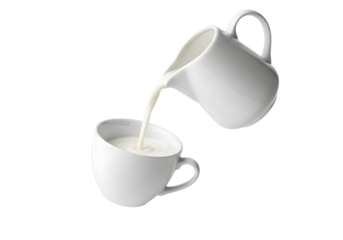 White ceramic pitcher pouring milk into a white cup isolated on transparent background