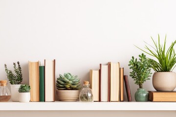 White shelf with books and succulents
